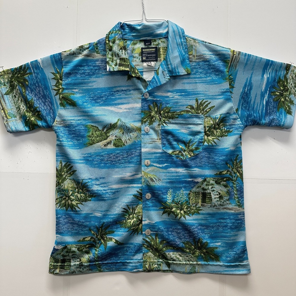 Quiksilver Boys Hawaiian Shirt Blue Island Print Mesh Surf Style Size M - Picture 2 of 6